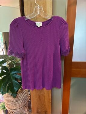 Fancy knit Feminine sweet Short Sleeve Ribbed Top with Lace Trim Sezane M 💋